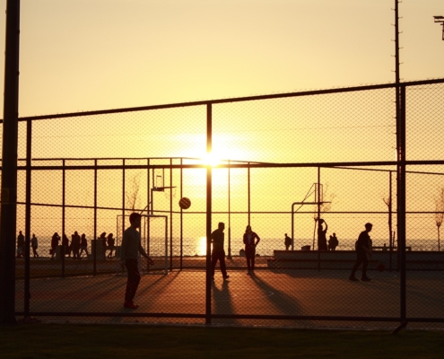 sunset, basketball, people