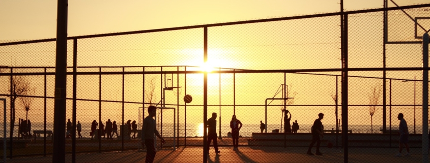 sunset, basketball, people